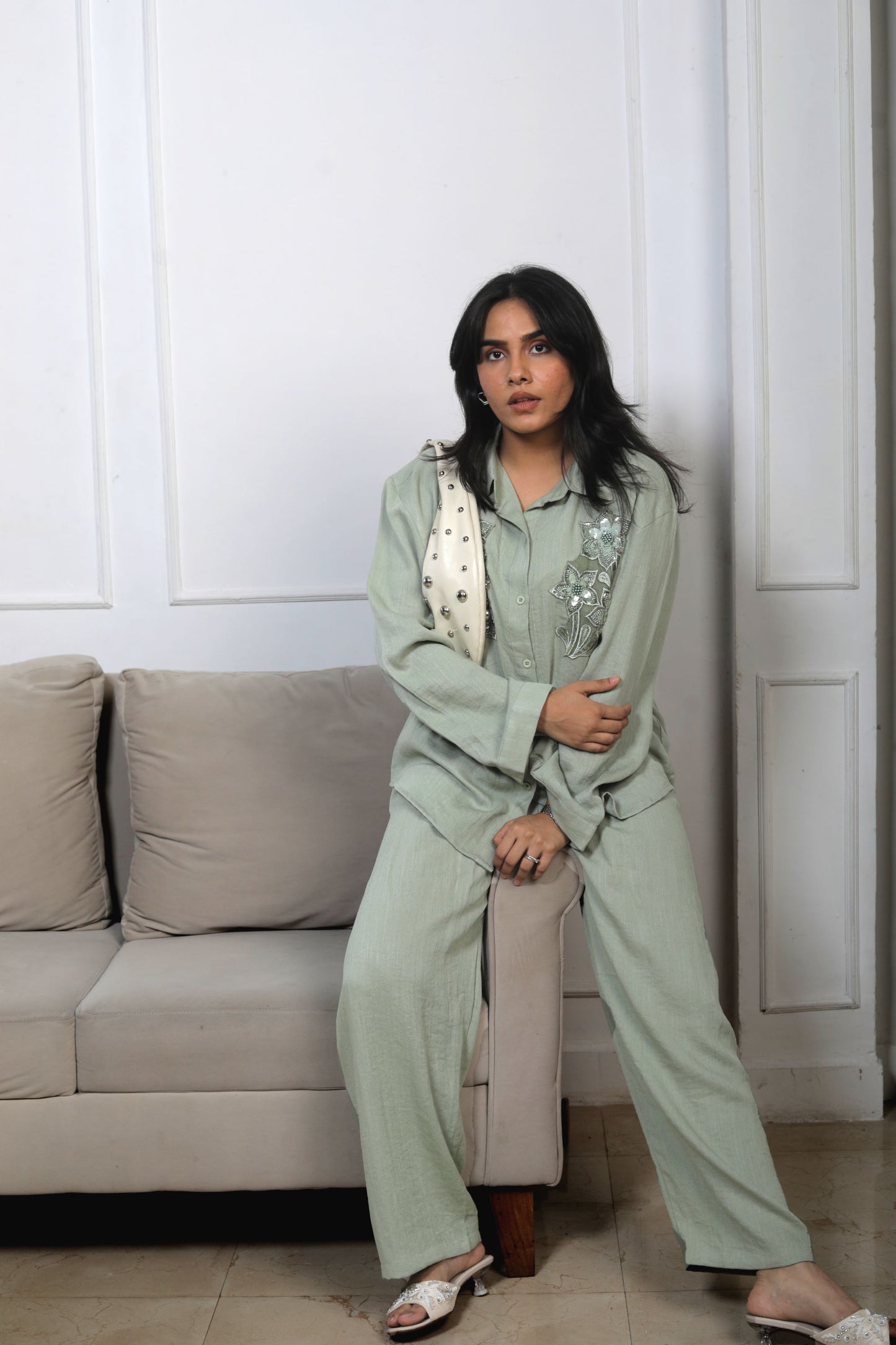 Muslin Coord Set with Thread and Stone Work